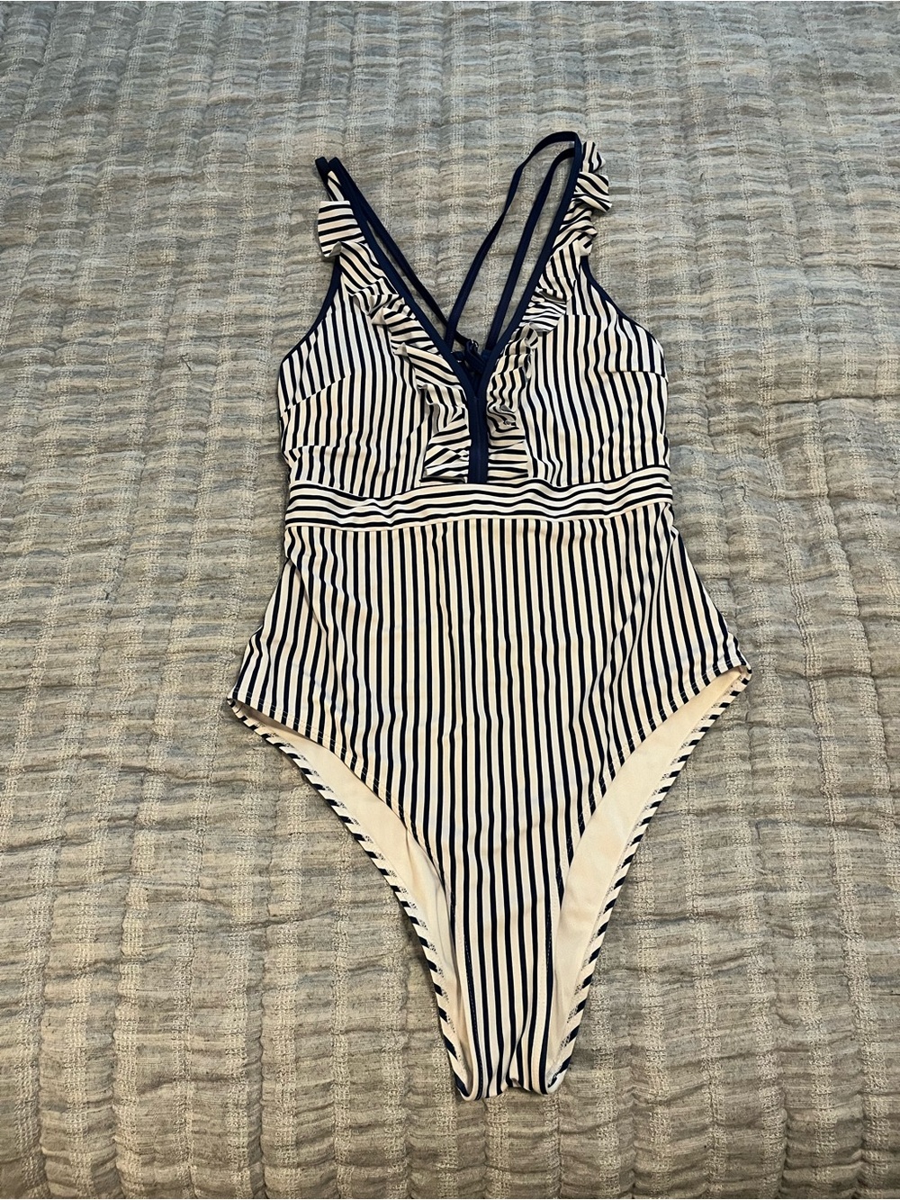 Striped Navy and White Ruffle One-Piece Swimsuit Great Condition